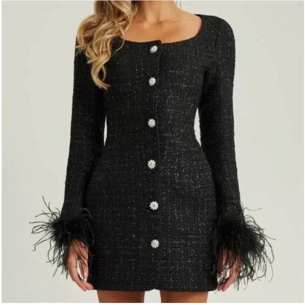 Heiress Black Feather-Trimmed Women's tweed dress